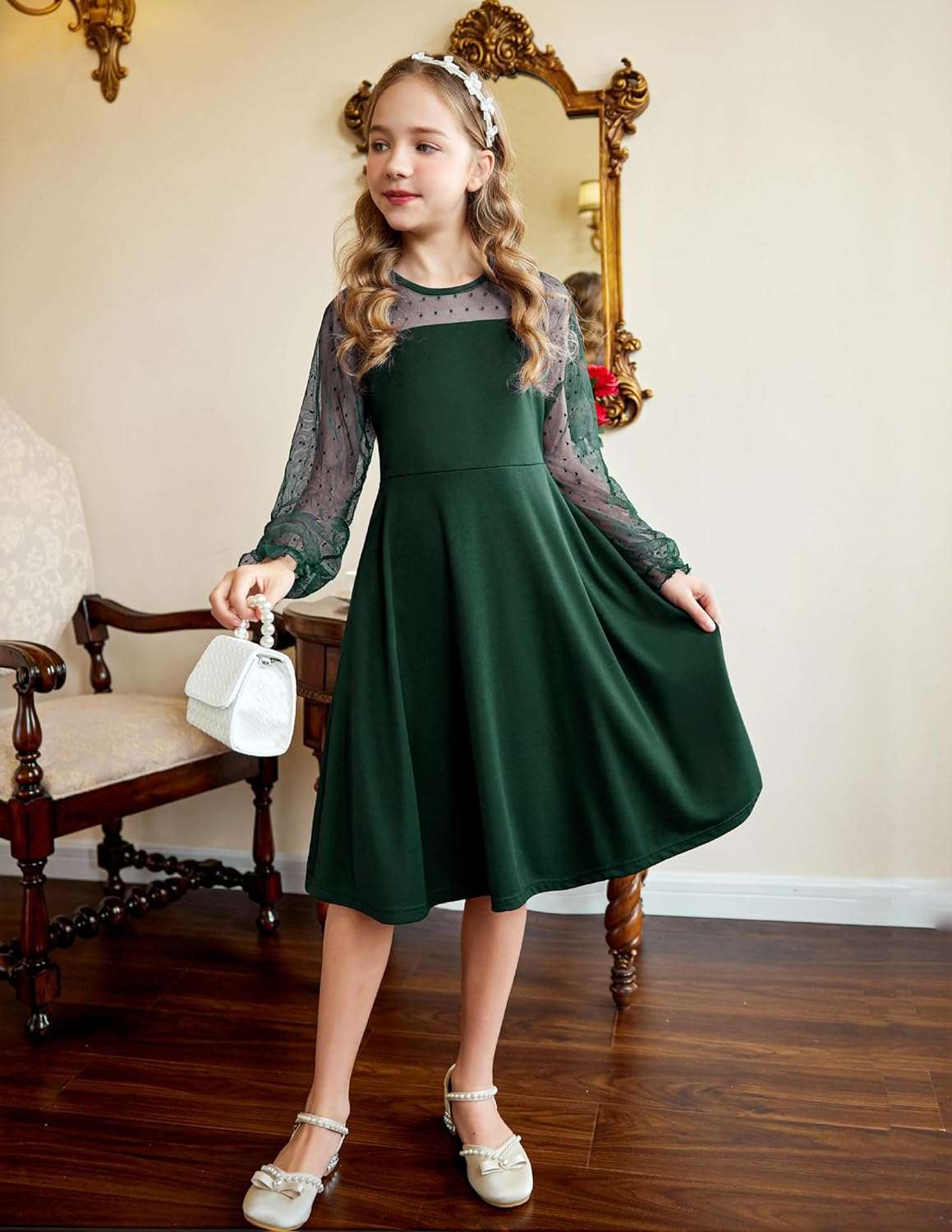 Arshiner Girl's Contrast Mesh Puff Long Sleeve High Waist A Line Short Dress with Pockets for 6-13 Years