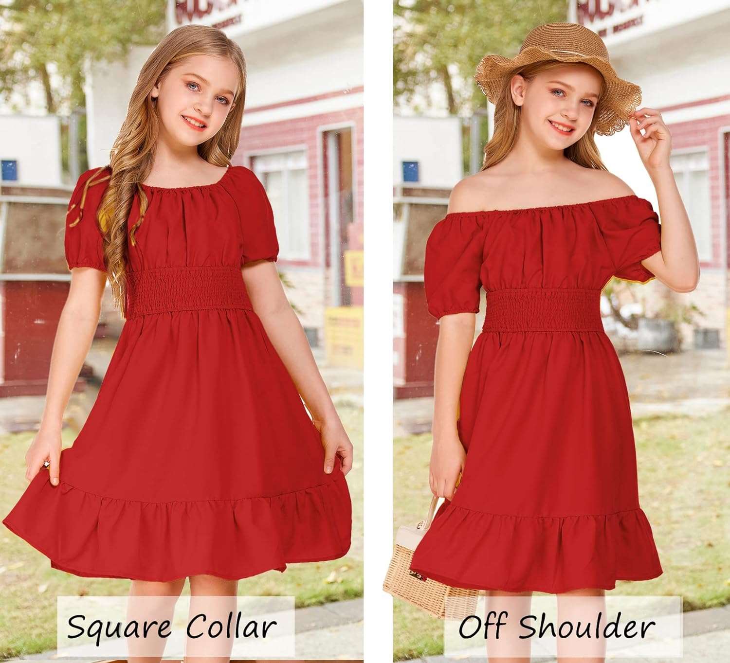 Arshiner Girls Tie Back Short Sleeve Ruffle Hem Off Shoulder Casual Elegant Dresses 4-12 Years