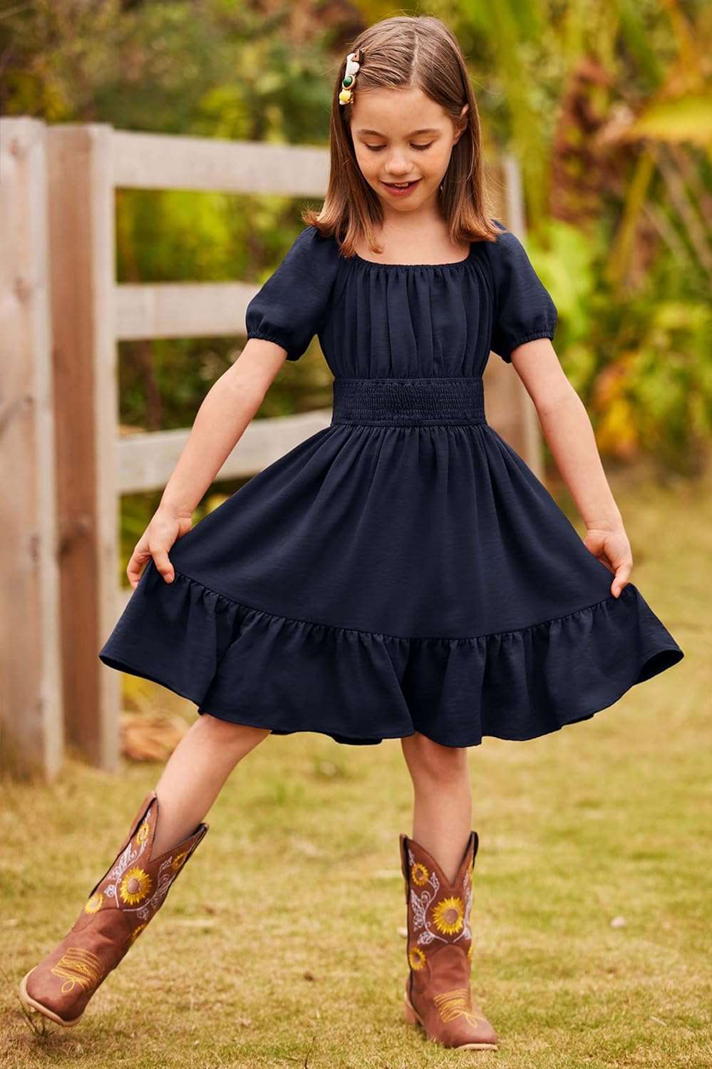 Arshiner Girls Tie Back Short Sleeve Ruffle Hem Off Shoulder Casual Elegant Dresses 4-12 Years