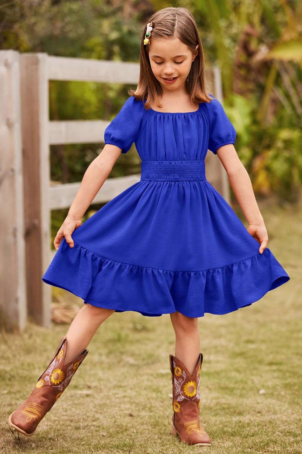 Arshiner Girls Tie Back Short Sleeve Ruffle Hem Off Shoulder Casual Elegant Dresses 4-12 Years