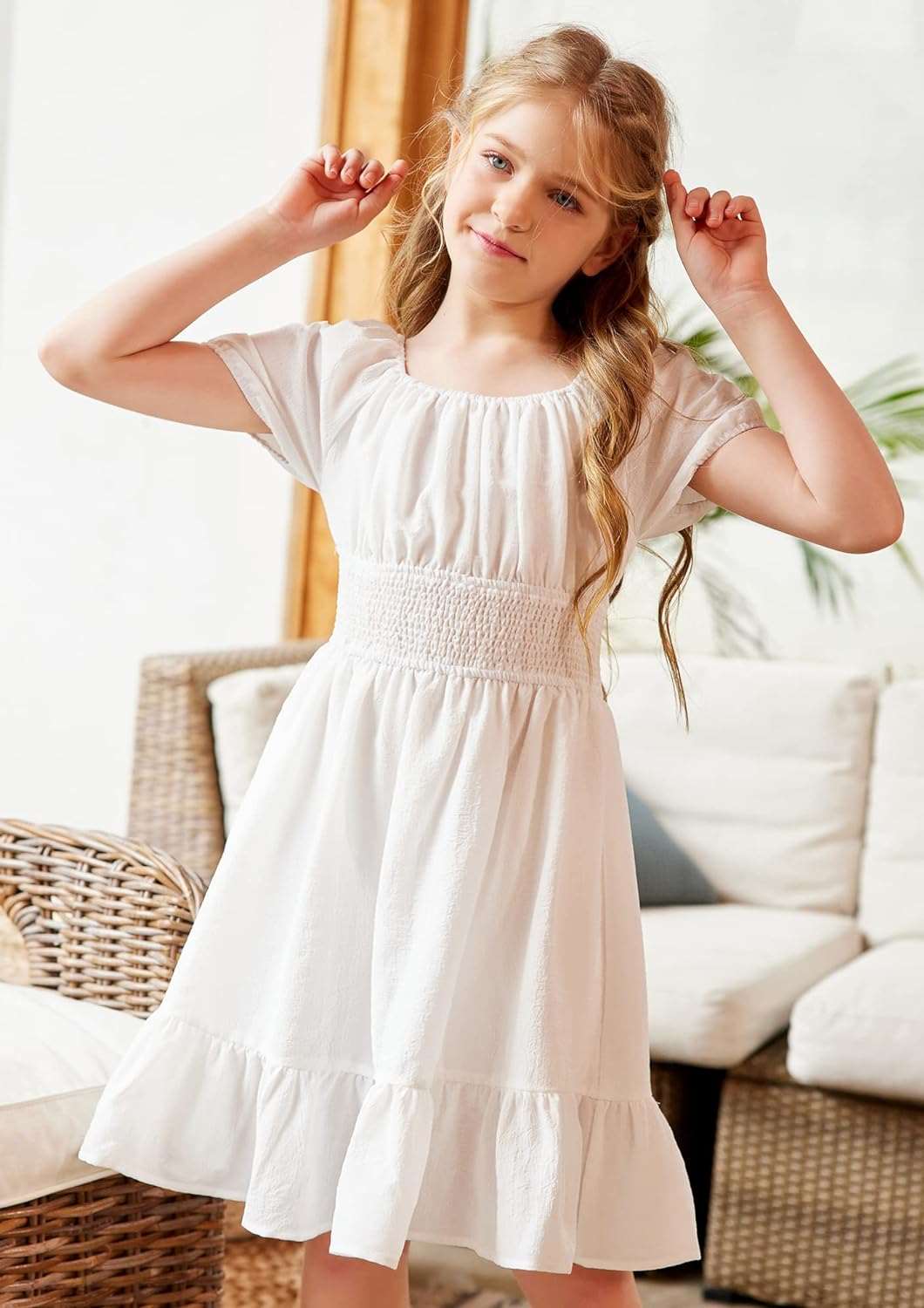 Arshiner Girls Tie Back Short Sleeve Ruffle Hem Off Shoulder Casual Elegant Dresses 4-12 Years