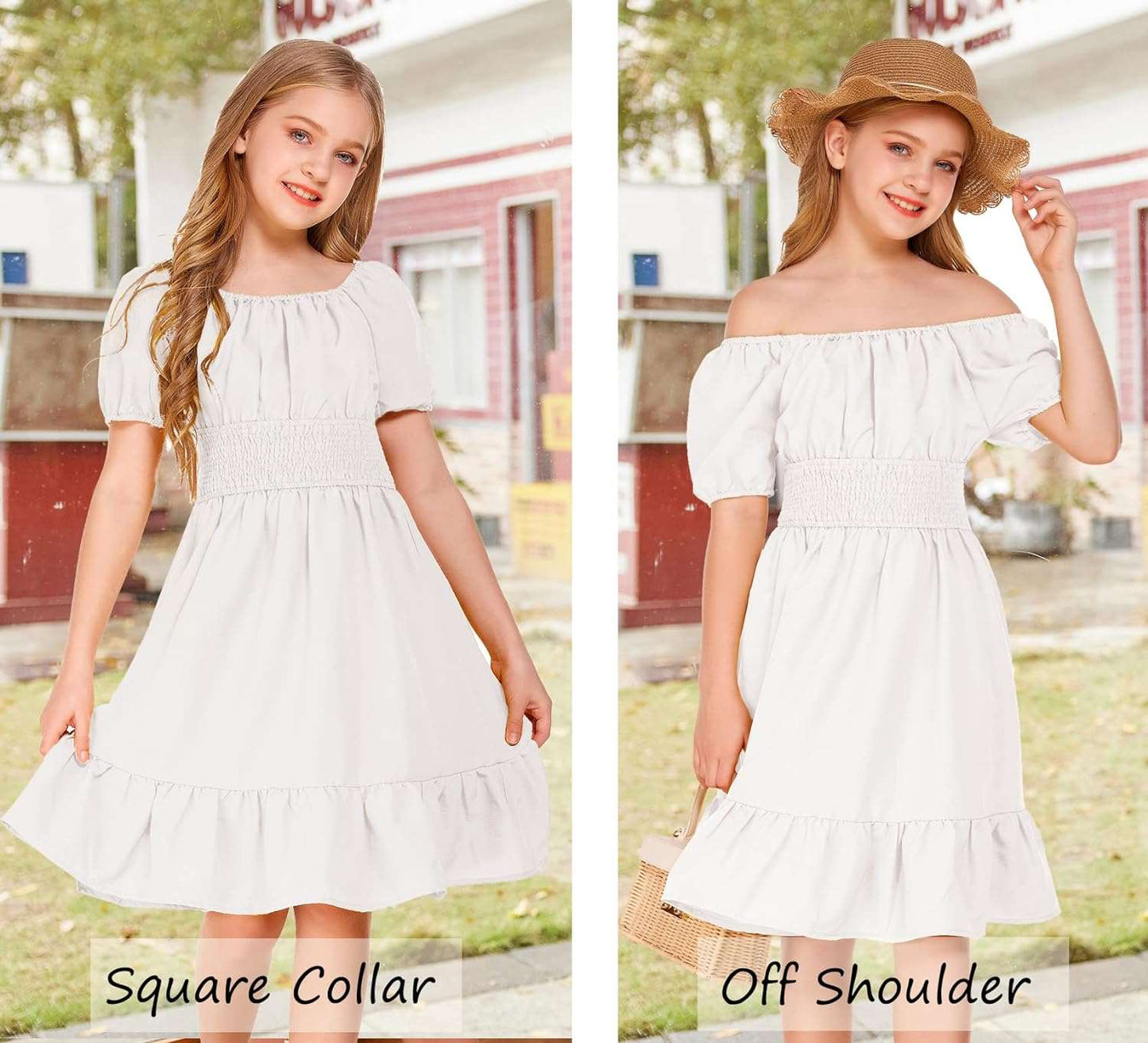 Arshiner Girls Tie Back Short Sleeve Ruffle Hem Off Shoulder Casual Elegant Dresses 4-12 Years