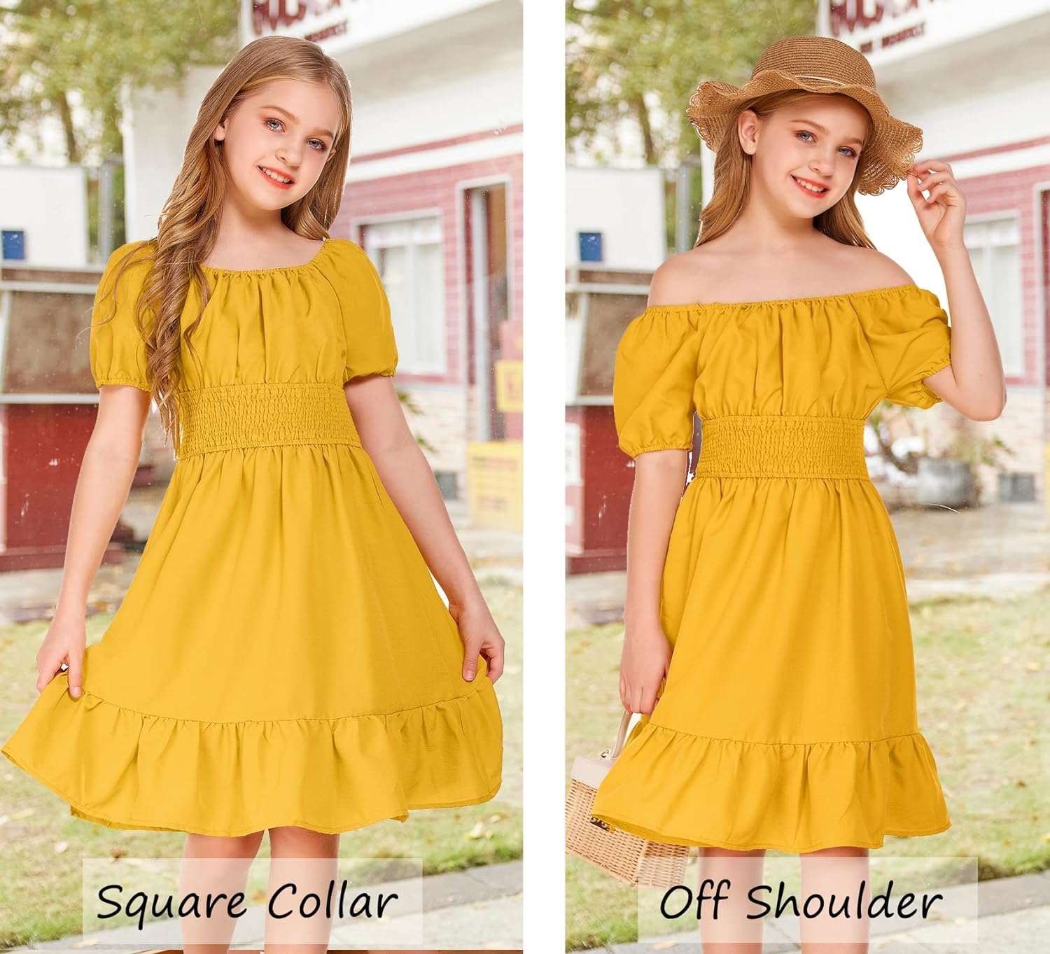 Arshiner Girls Tie Back Short Sleeve Ruffle Hem Off Shoulder Casual Elegant Dresses 4-12 Years