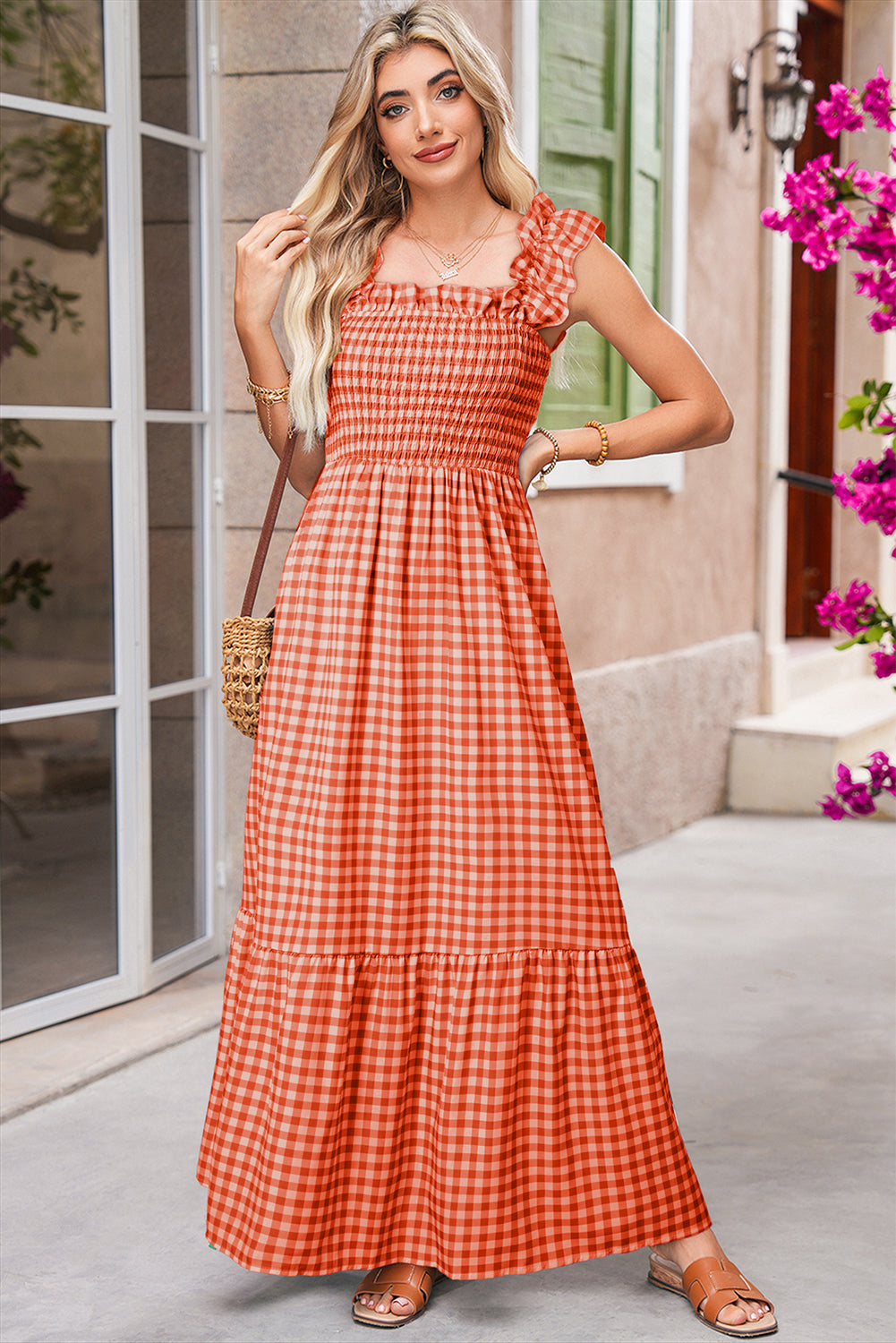 Red Plaid Square Neck Sleeveless Maxi Dress