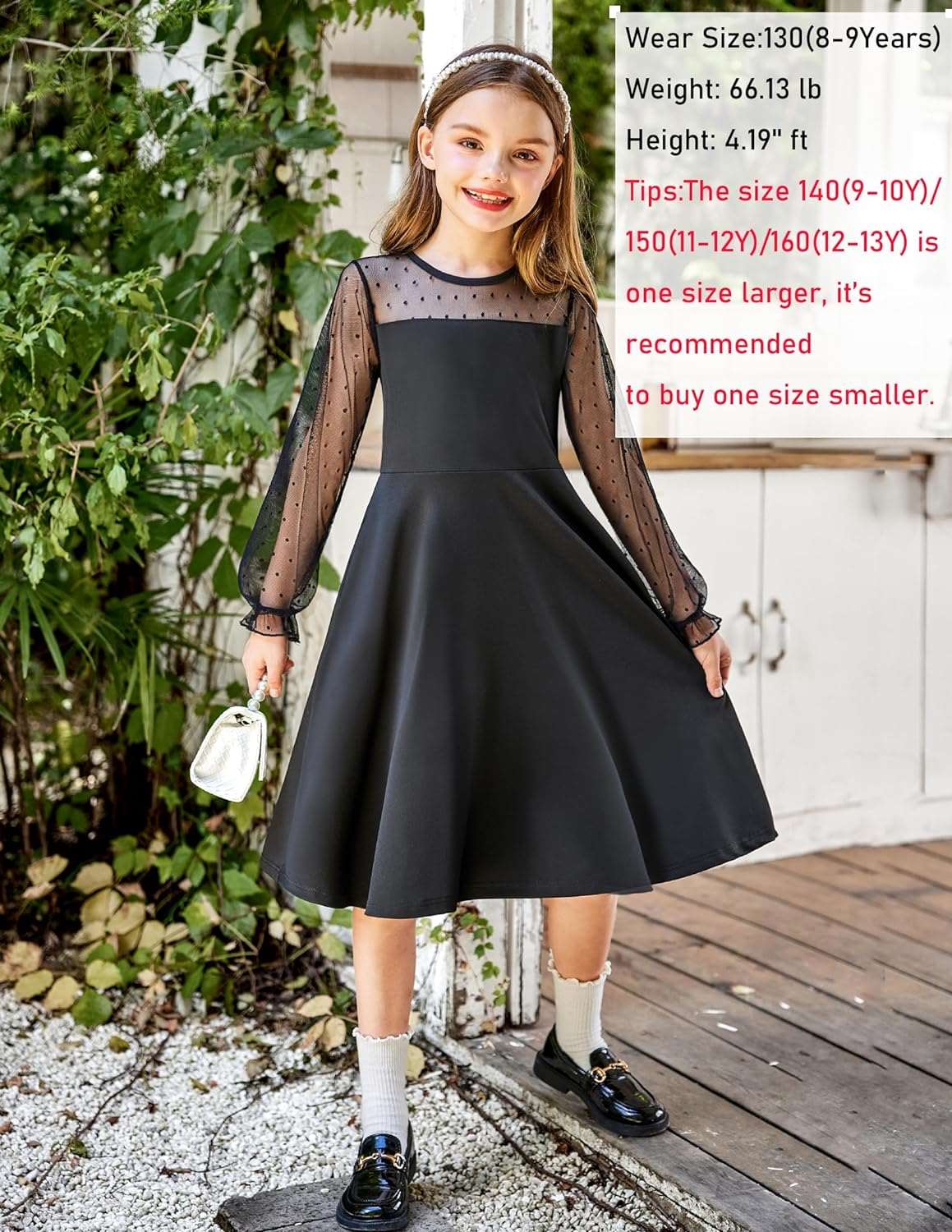 Arshiner Girl's Contrast Mesh Puff Long Sleeve High Waist A Line Short Dress with Pockets for 6-13 Years