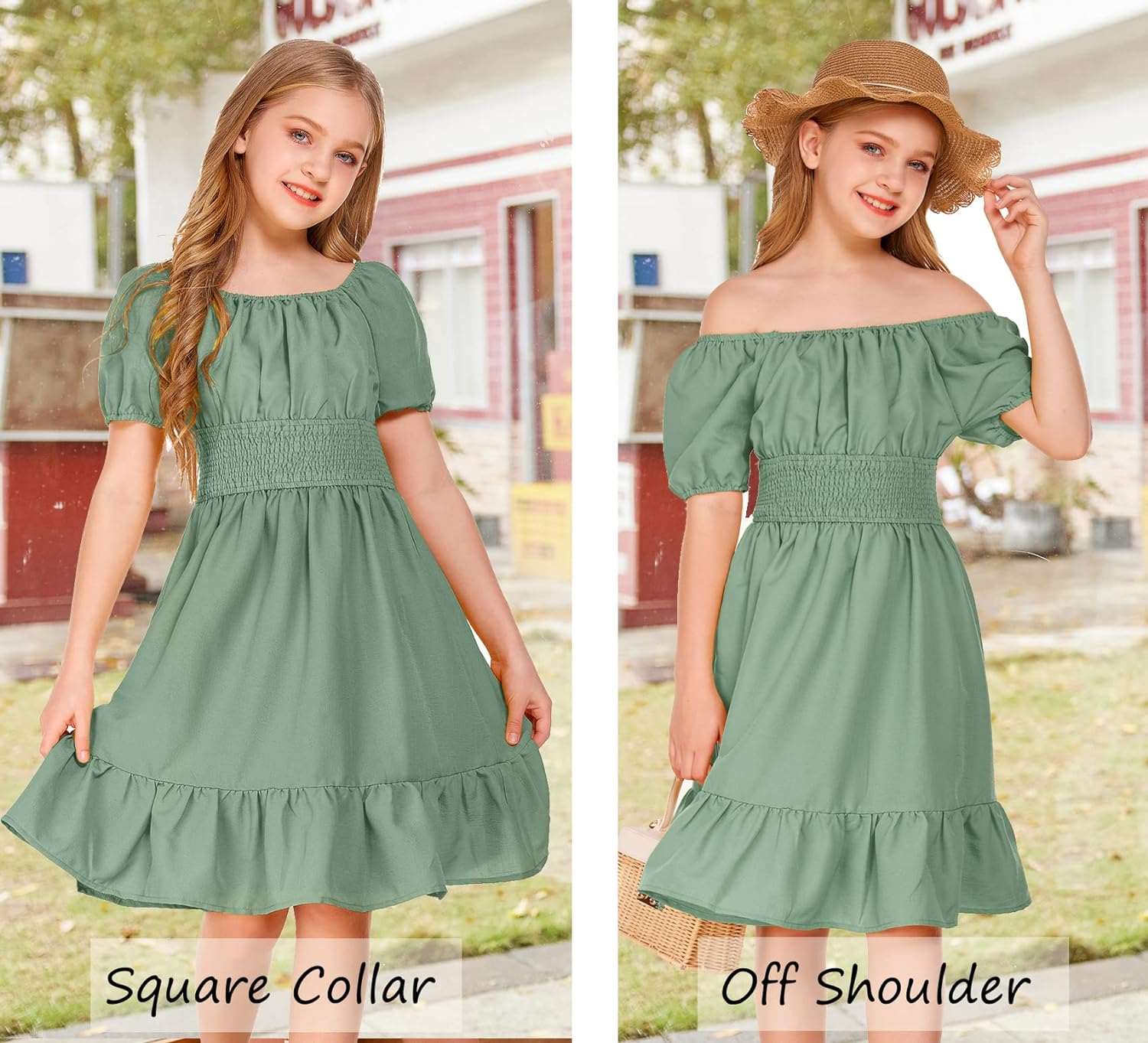 Arshiner Girls Tie Back Short Sleeve Ruffle Hem Off Shoulder Casual Elegant Dresses 4-12 Years