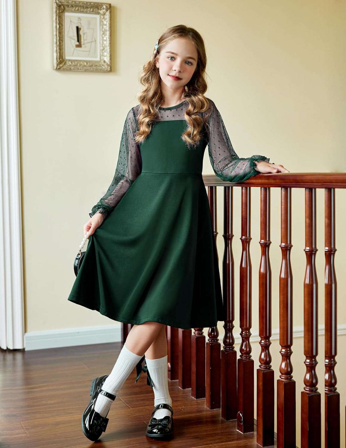 Arshiner Girl's Contrast Mesh Puff Long Sleeve High Waist A Line Short Dress with Pockets for 6-13 Years