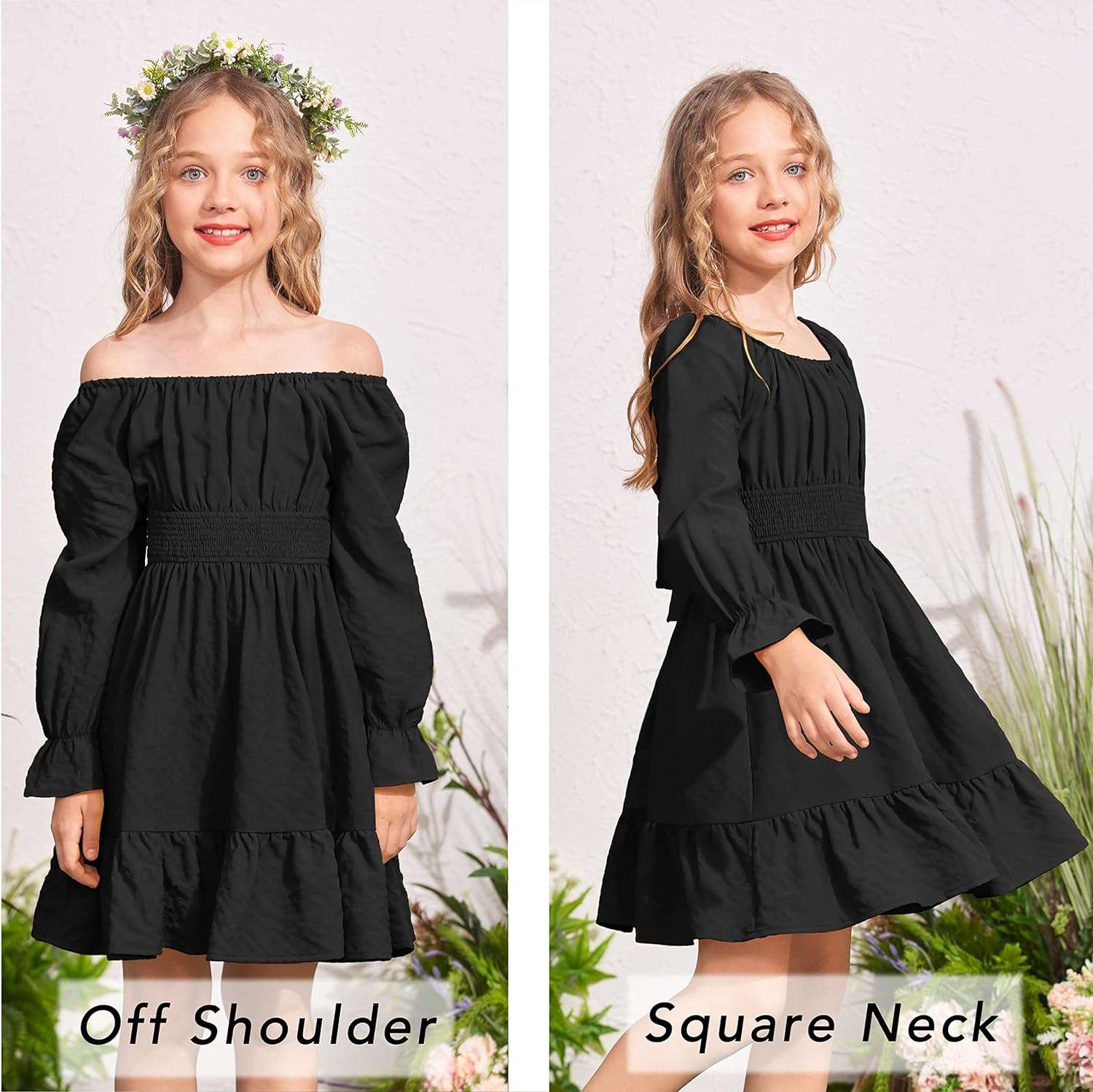 Arshiner Girls Tie Back Short Sleeve Ruffle Hem Off Shoulder Casual Elegant Dresses 4-12 Years