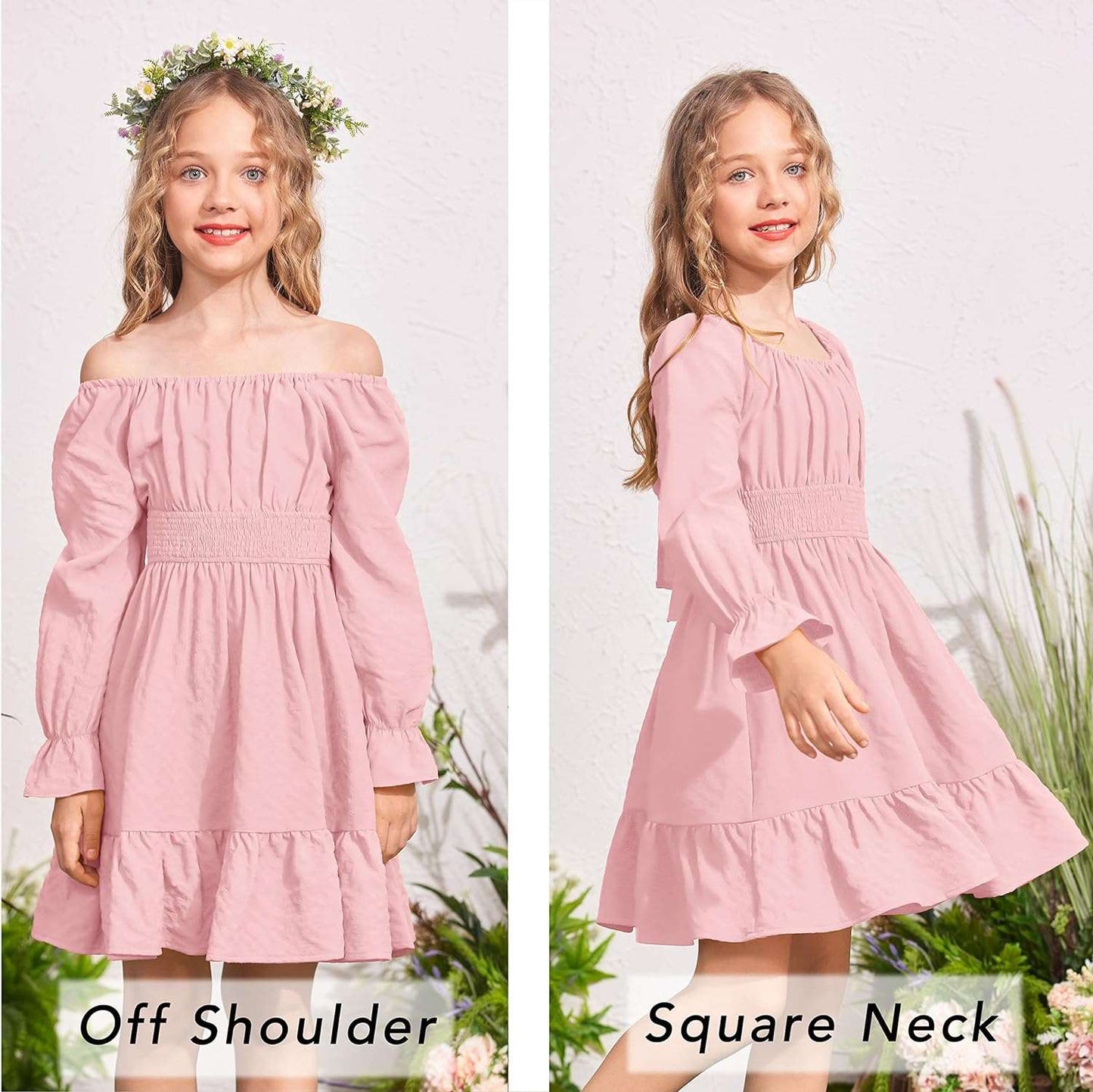 Arshiner Girls Tie Back Short Sleeve Ruffle Hem Off Shoulder Casual Elegant Dresses 4-12 Years