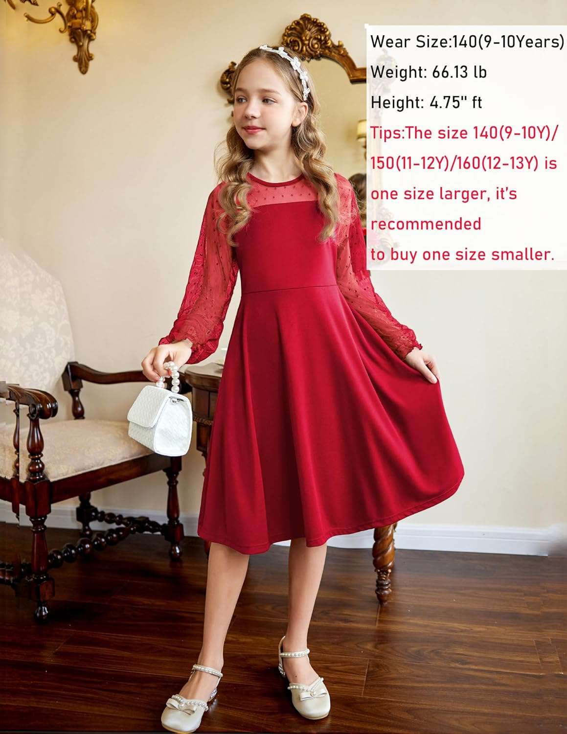 Arshiner Girl's Contrast Mesh Puff Long Sleeve High Waist A Line Short Dress with Pockets for 6-13 Years