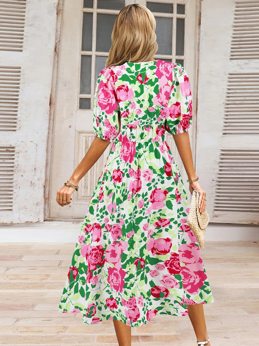 Ruched Printed Surplice Short Sleeve Dress - AngelMar Fashion