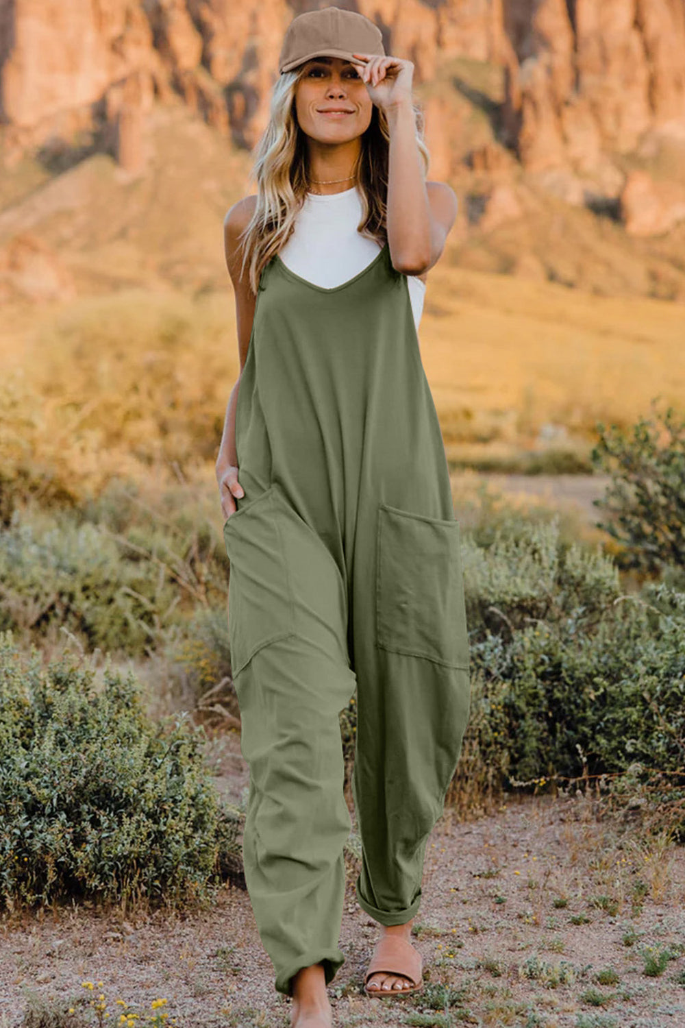 Double Take Full Size V-Neck Sleeveless Jumpsuit with Pockets - AngelMar Fashion