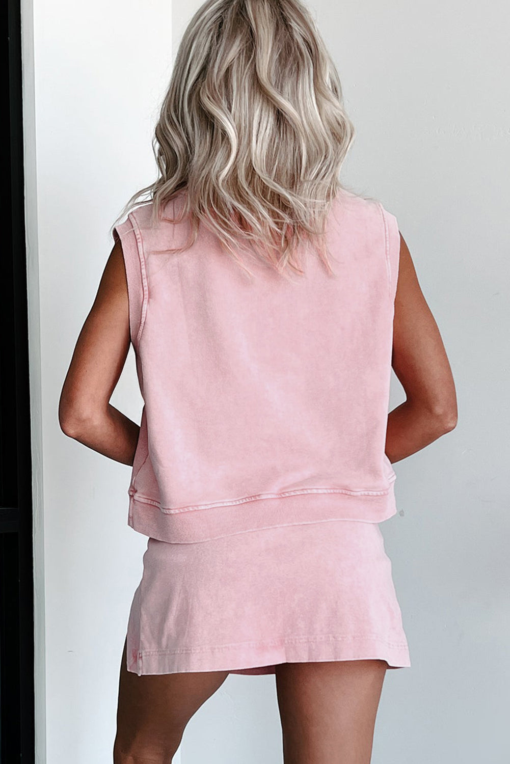 Light Pink 2 Pieces Mineral Wash Cotton Tank Top Lined Split Skirt Set - AngelMar Fashion