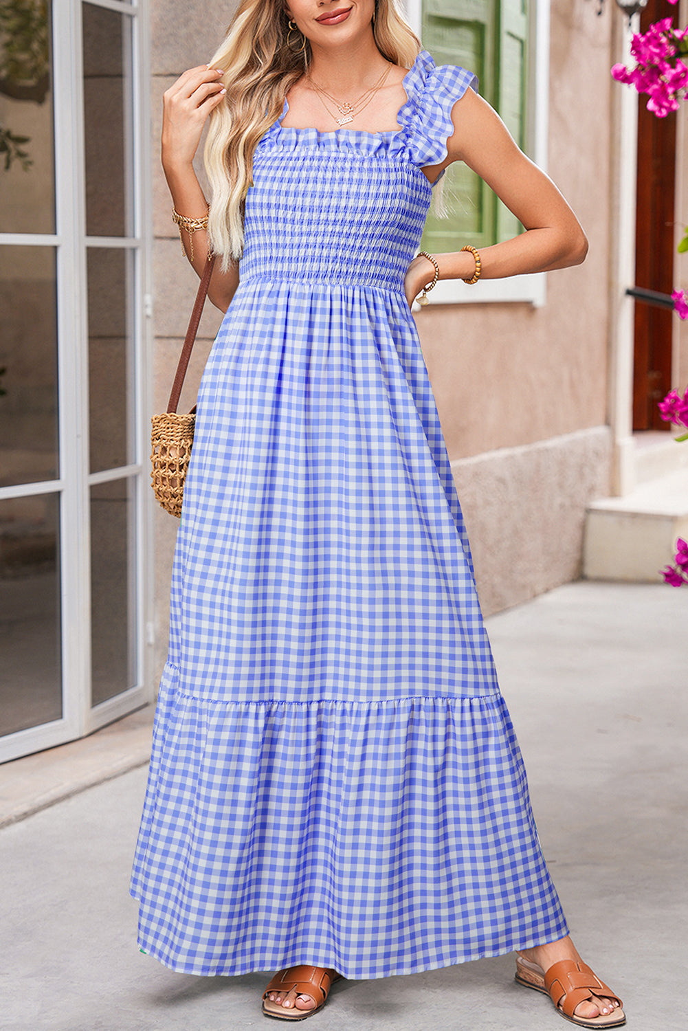 Red Plaid Square Neck Sleeveless Maxi Dress
