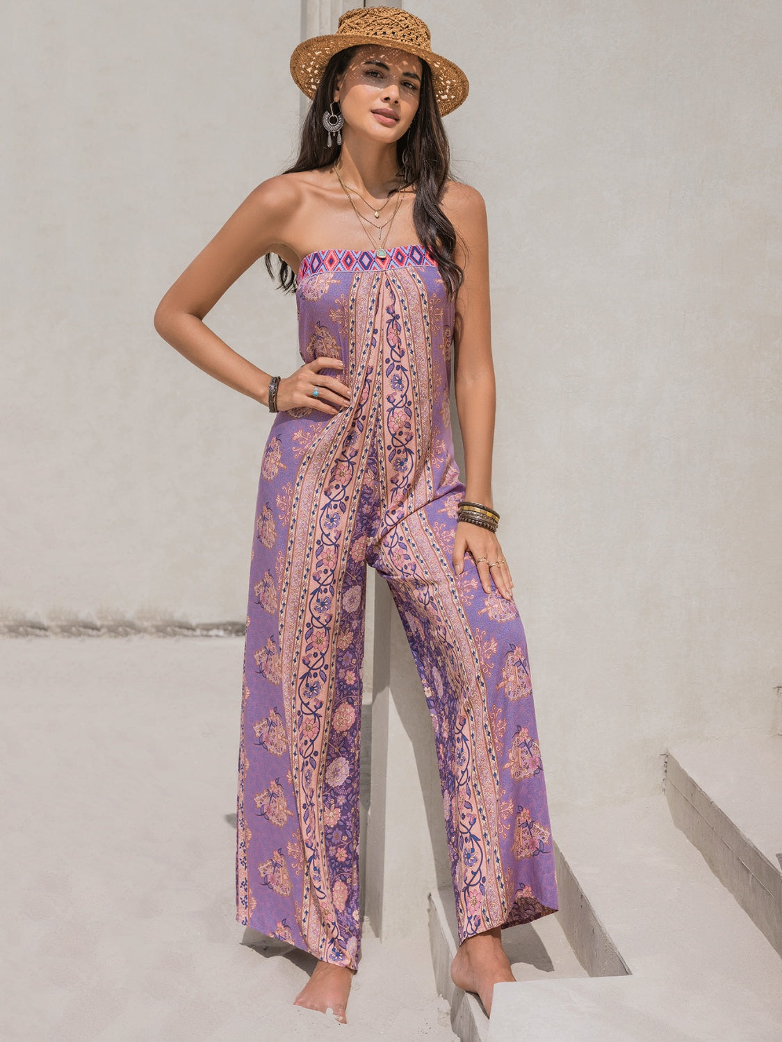 Tied Printed Tube Wide Leg Jumpsuit - AngelMar Fashion