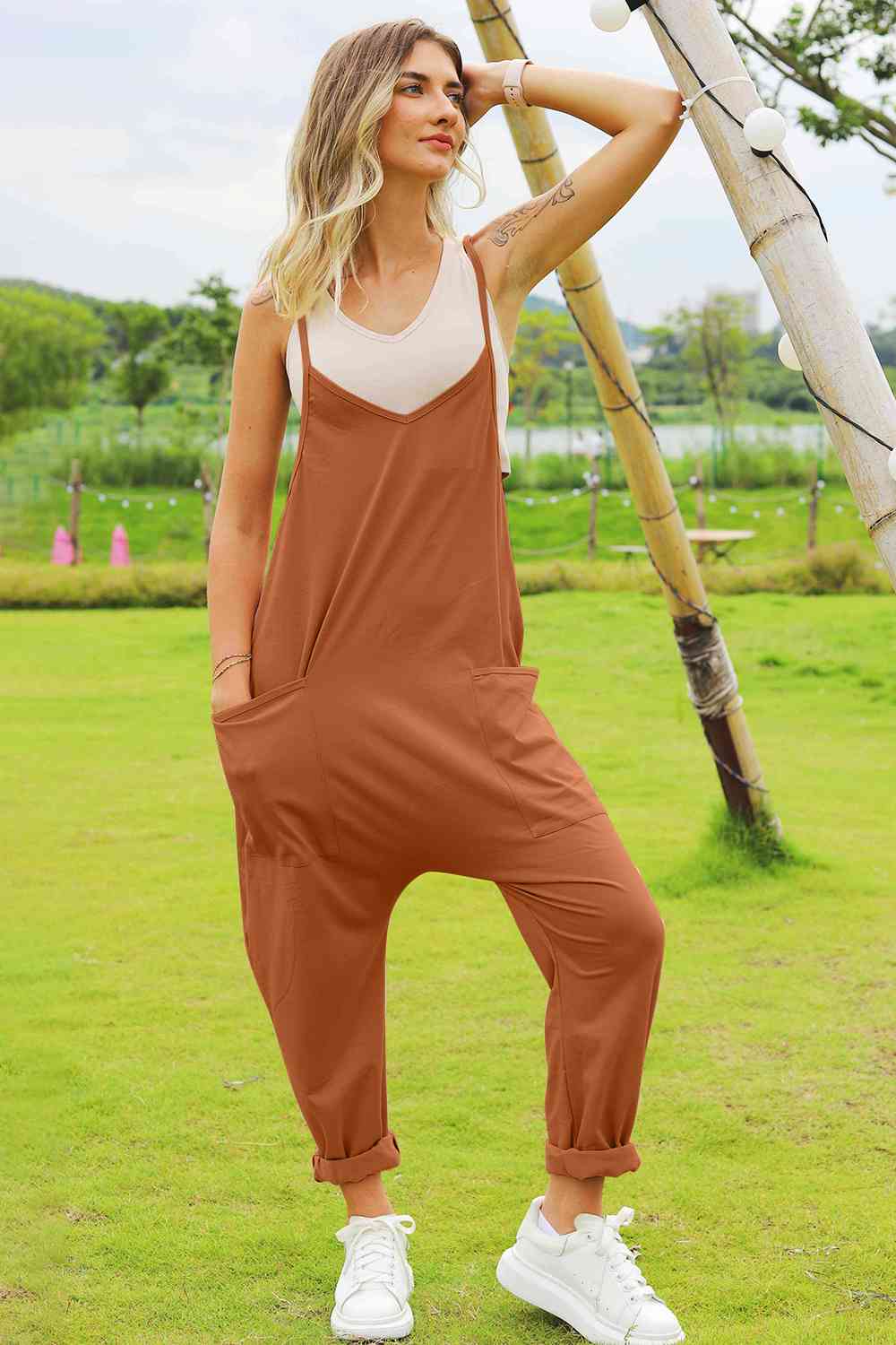 Double Take Full Size Sleeveless V-Neck Pocketed Jumpsuit - AngelMar Fashion