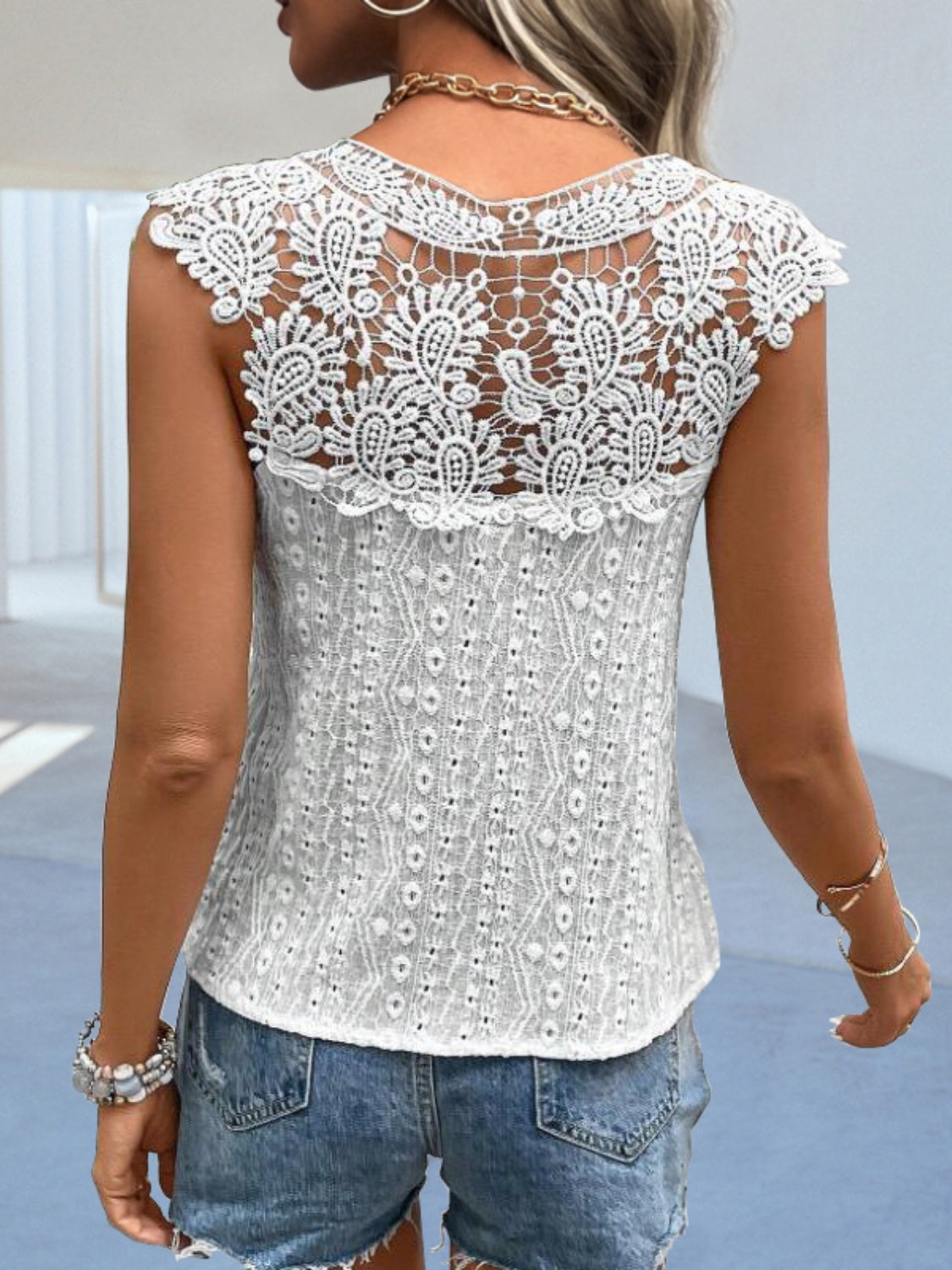 Cutout Lace Detail Notched Blouse - AngelMar Fashion