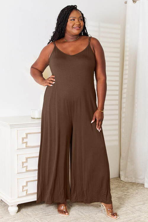 Double Take Full Size Soft Rayon Spaghetti Strap Tied Wide Leg Jumpsuit - AngelMar Fashion