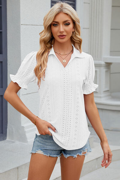 Eyelet Johnny Collar Short Sleeve Blouse - AngelMar Fashion