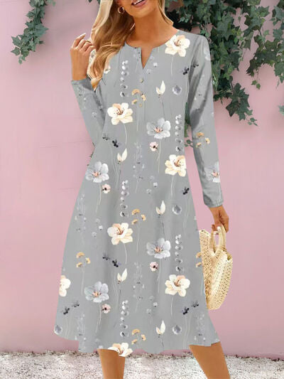 Floral Notched Long Sleeve Midi Dress - AngelMar Fashion