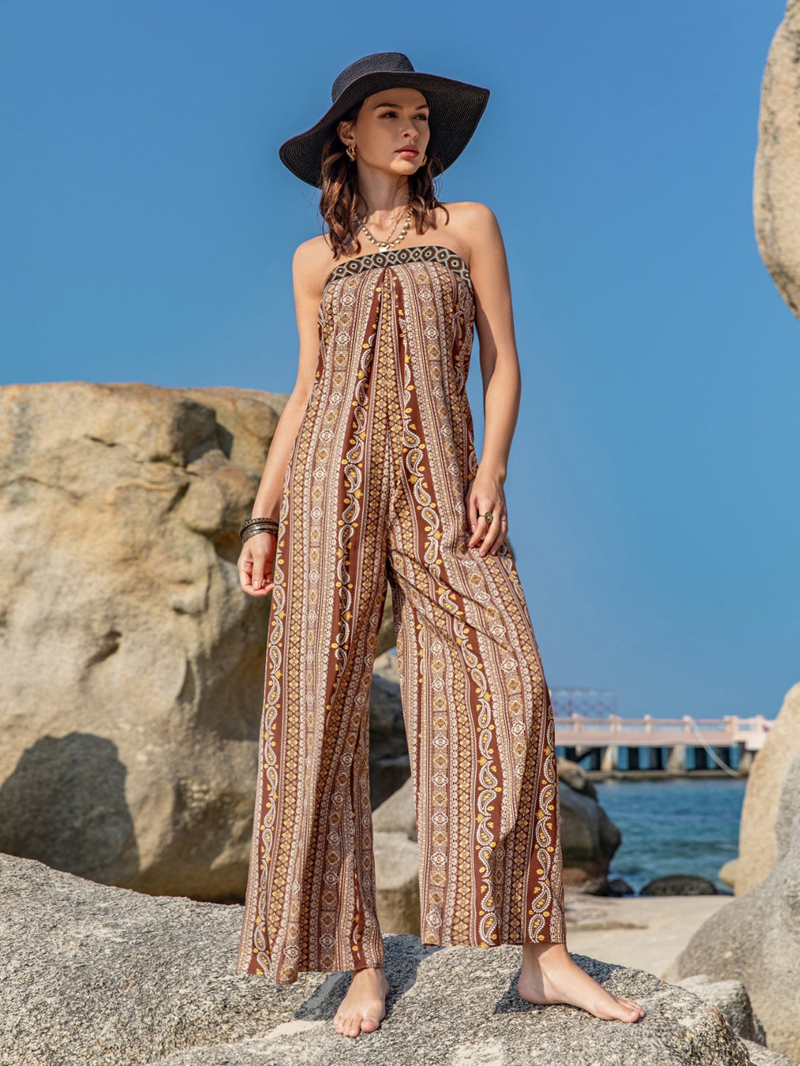 Tied Printed Tube Wide Leg Jumpsuit - AngelMar Fashion