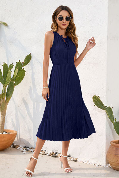 Swiss Dot Tie Neck Sleeveless Dress - AngelMar Fashion