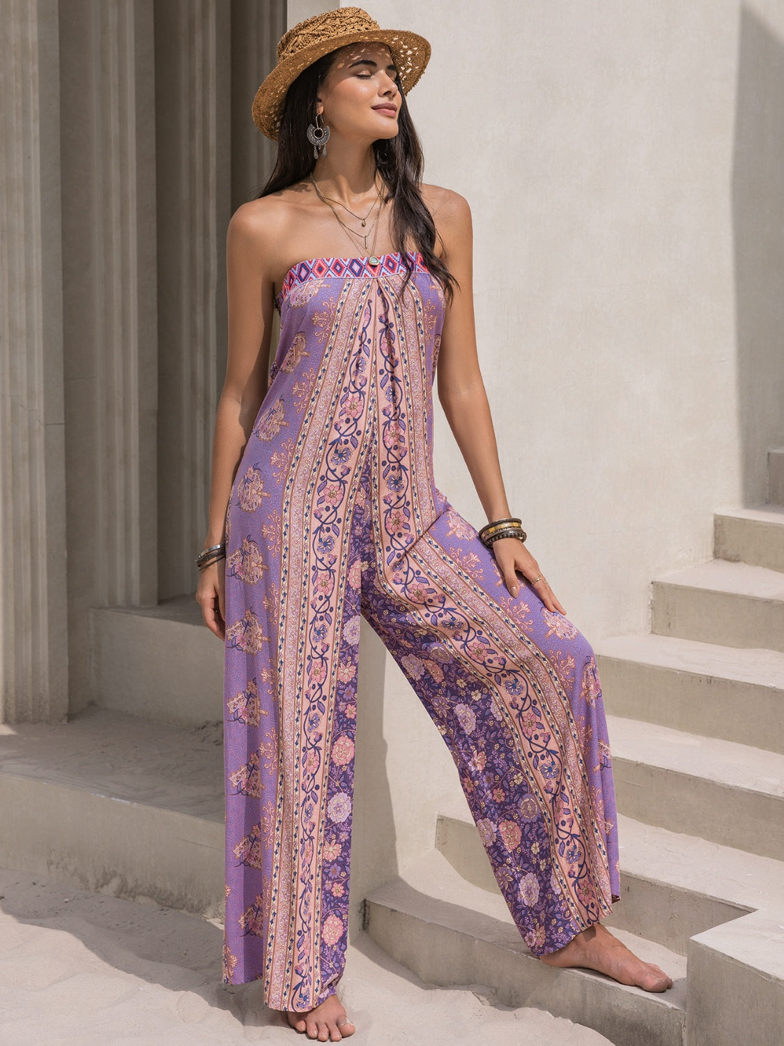 Tied Printed Tube Wide Leg Jumpsuit - AngelMar Fashion