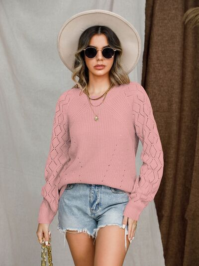 Openwork Round Neck Raglan Sleeve Sweater - AngelMar Fashion