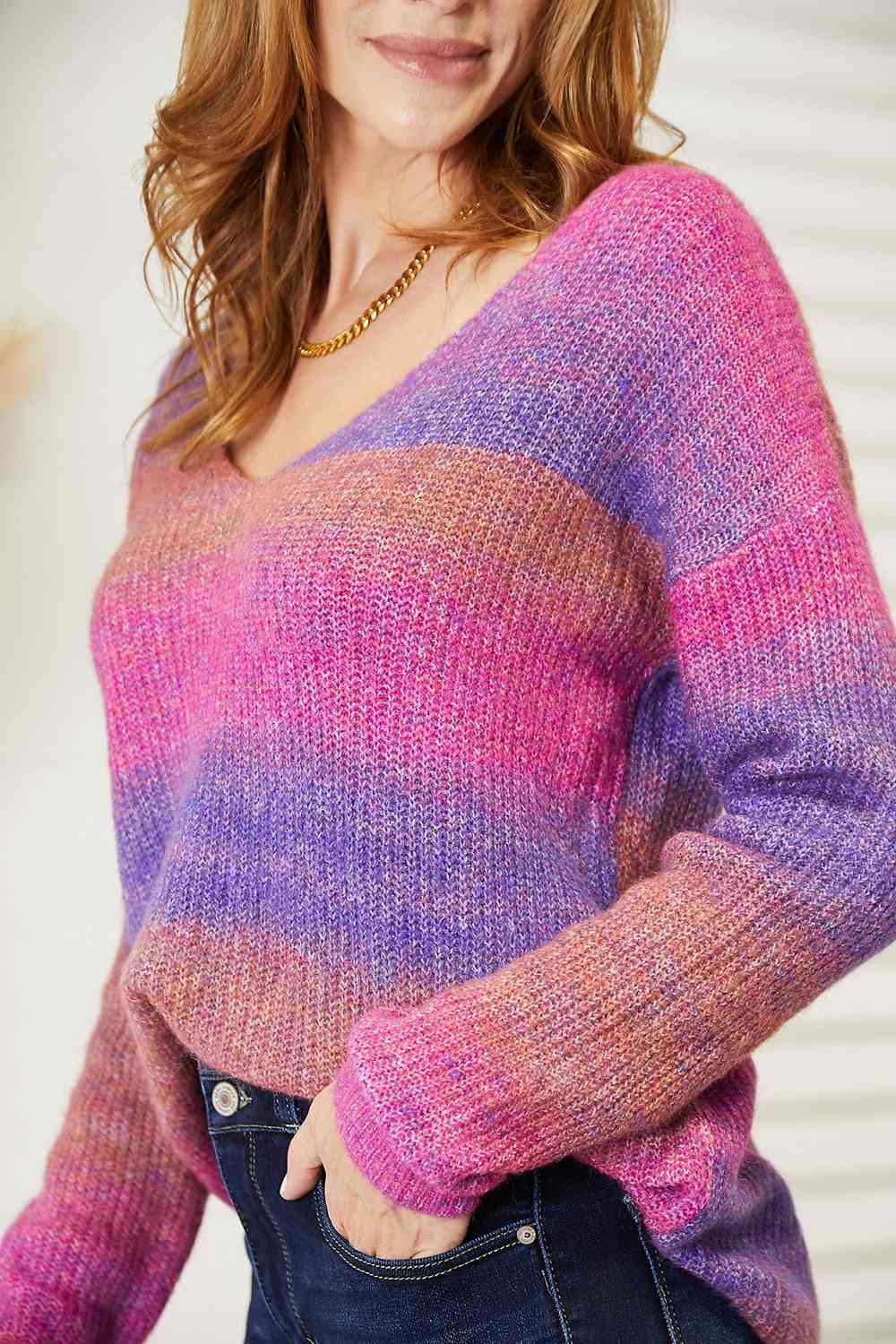 Double Take Multicolored Rib-Knit V-Neck Knit Pullover - AngelMar Fashion