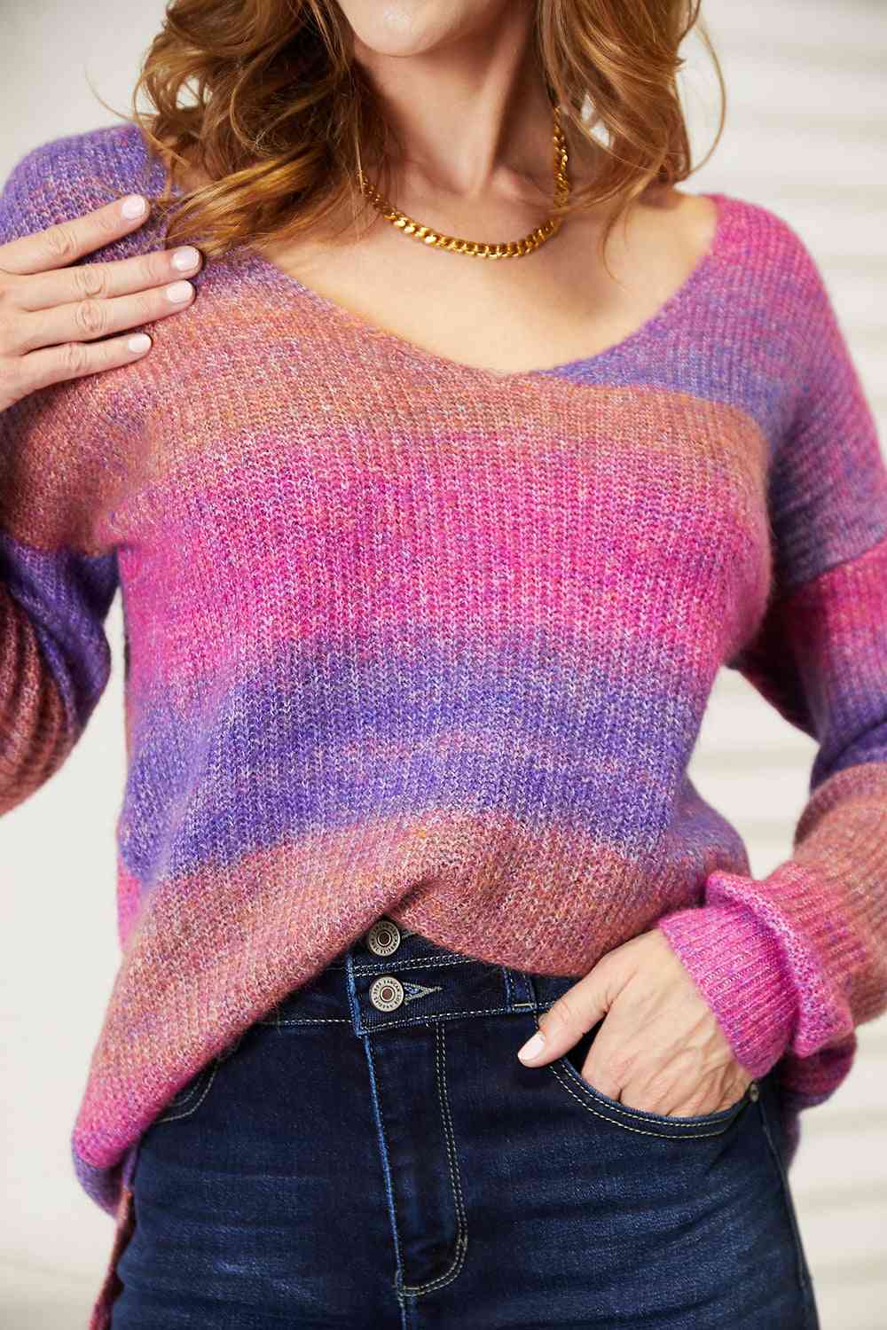 Double Take Multicolored Rib-Knit V-Neck Knit Pullover - AngelMar Fashion