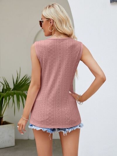 Eyelet Lace Detail V-Neck Tank - AngelMar Fashion