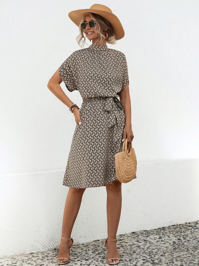 Tied Printed Mock Neck Short Sleeve Dress - AngelMar Fashion