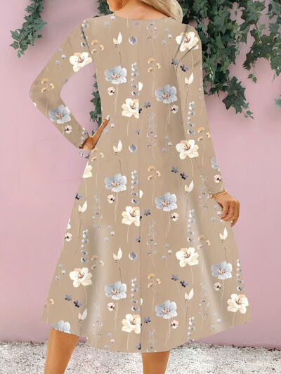 Floral Notched Long Sleeve Midi Dress - AngelMar Fashion