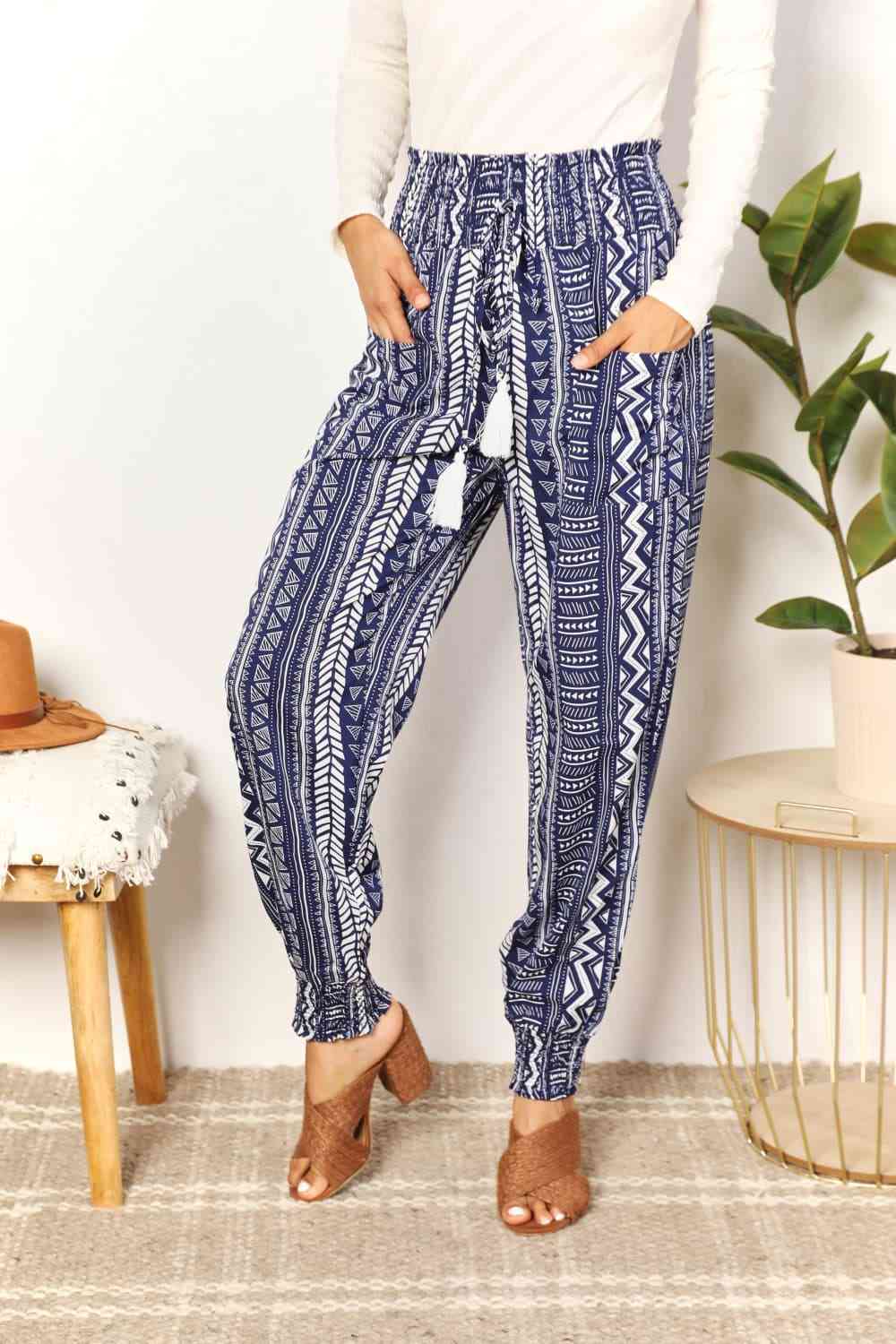 Double Take Geometric Print Tassel High-Rise Pants - AngelMar Fashion