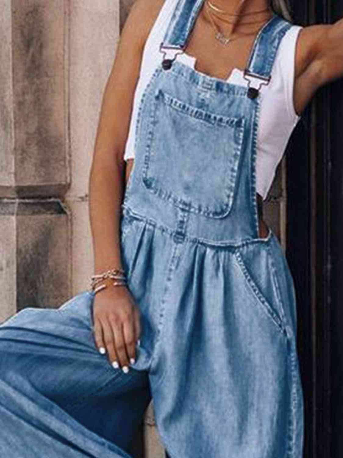 Wide Leg Denim Overalls - AngelMar Fashion