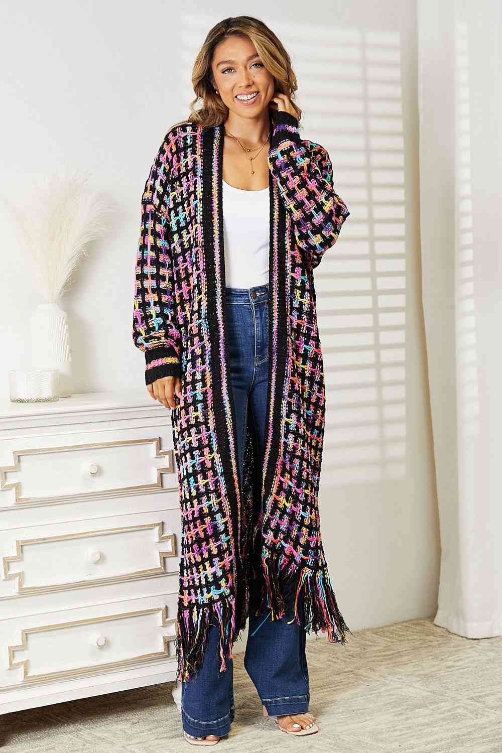 Double Take Full Size Multicolored Open Front Fringe Hem Cardigan - AngelMar Fashion