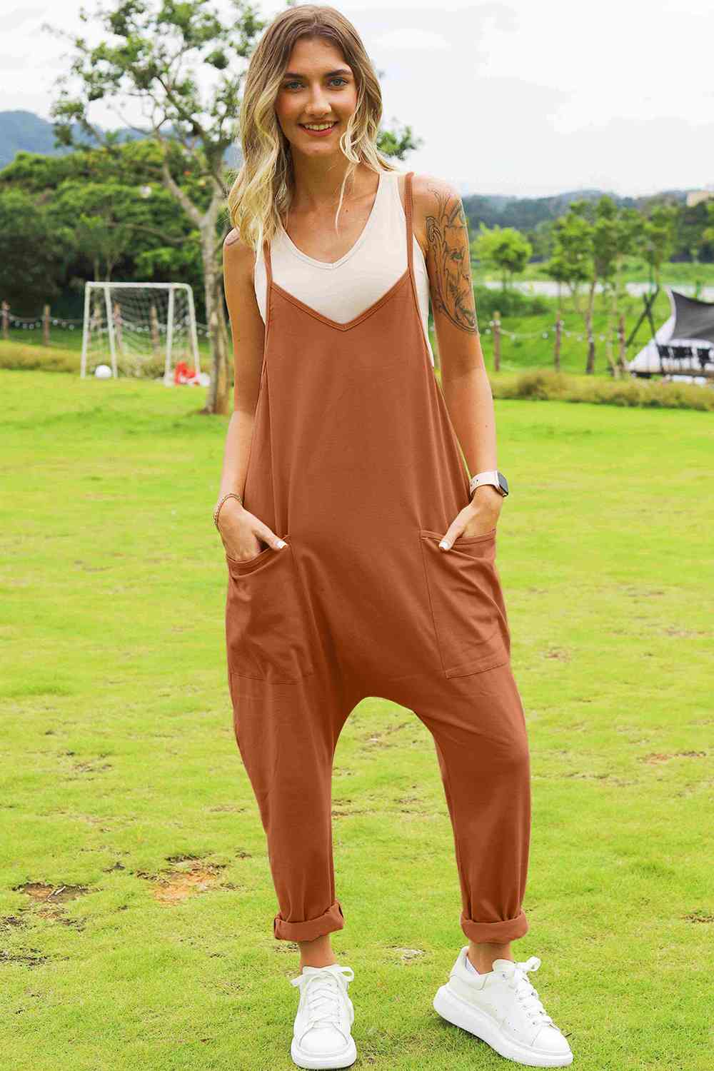 Double Take Full Size Sleeveless V-Neck Pocketed Jumpsuit - AngelMar Fashion