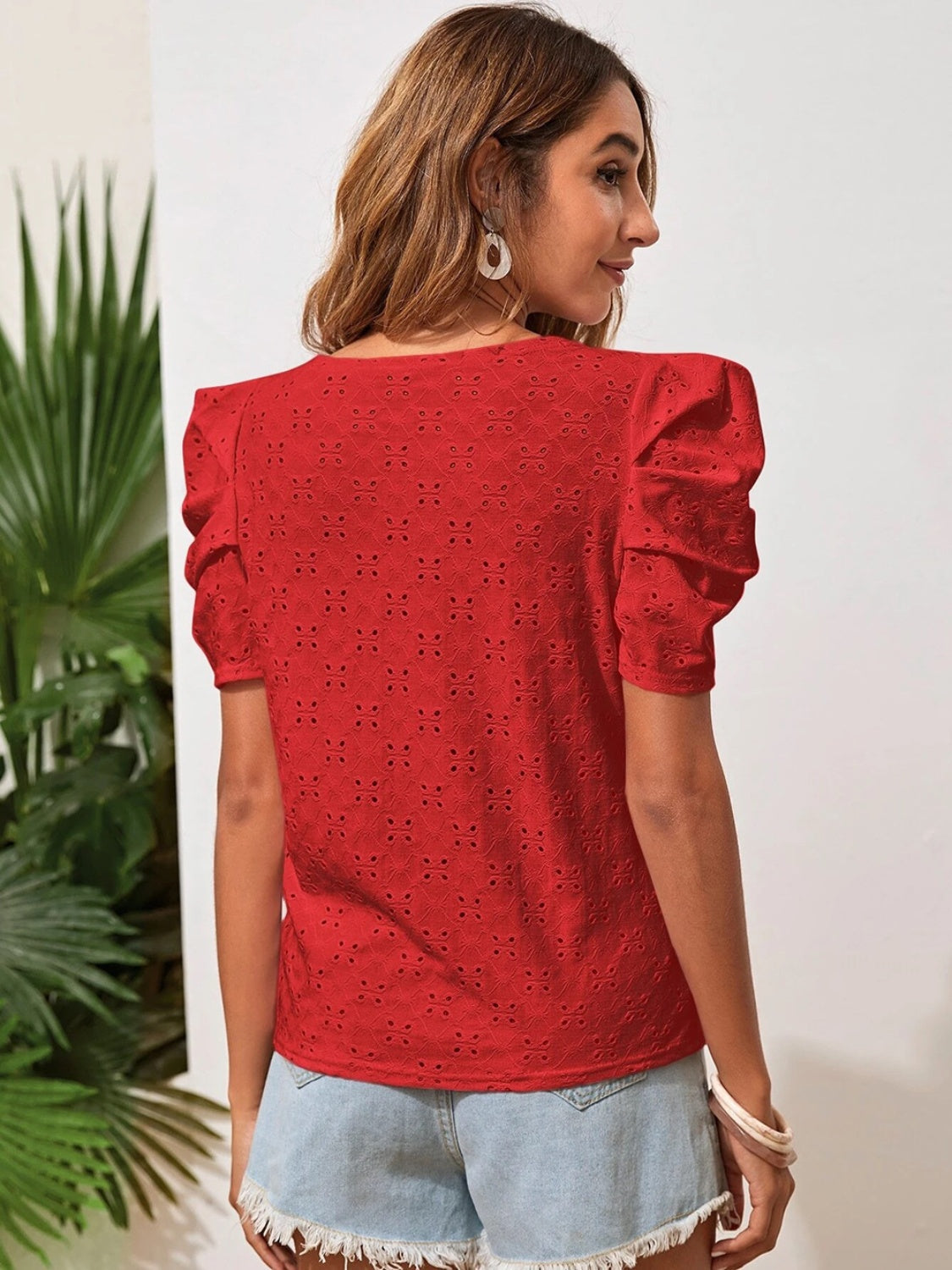 Eyelet Round Neck Puff Sleeve Blouse - AngelMar Fashion