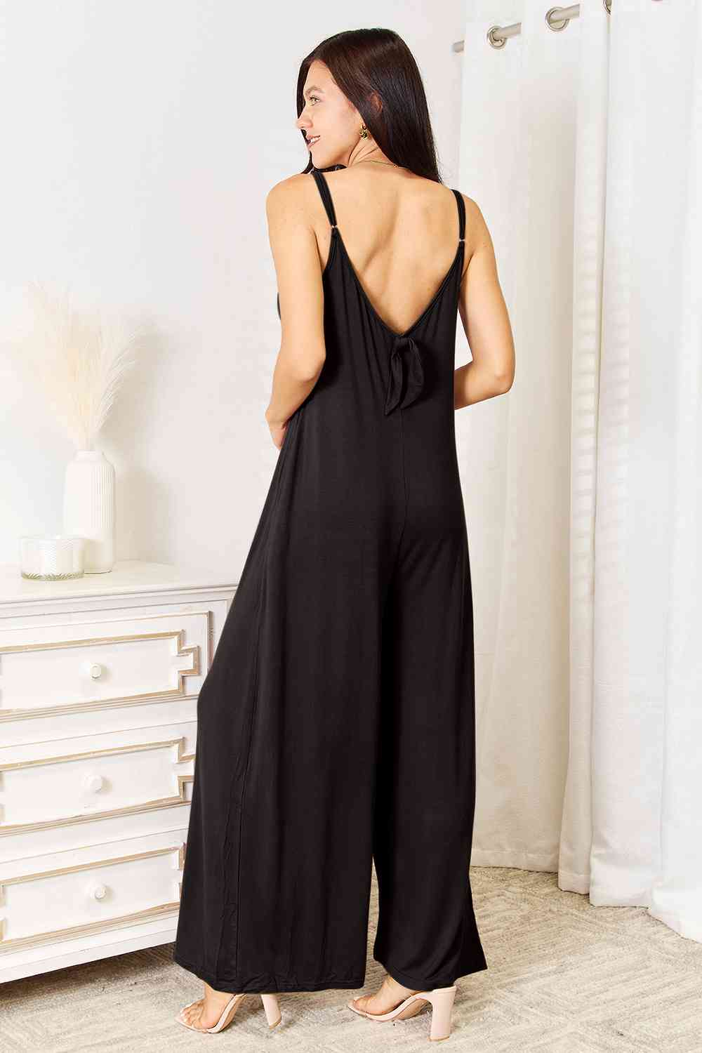 Double Take Full Size Soft Rayon Spaghetti Strap Tied Wide Leg Jumpsuit - AngelMar Fashion