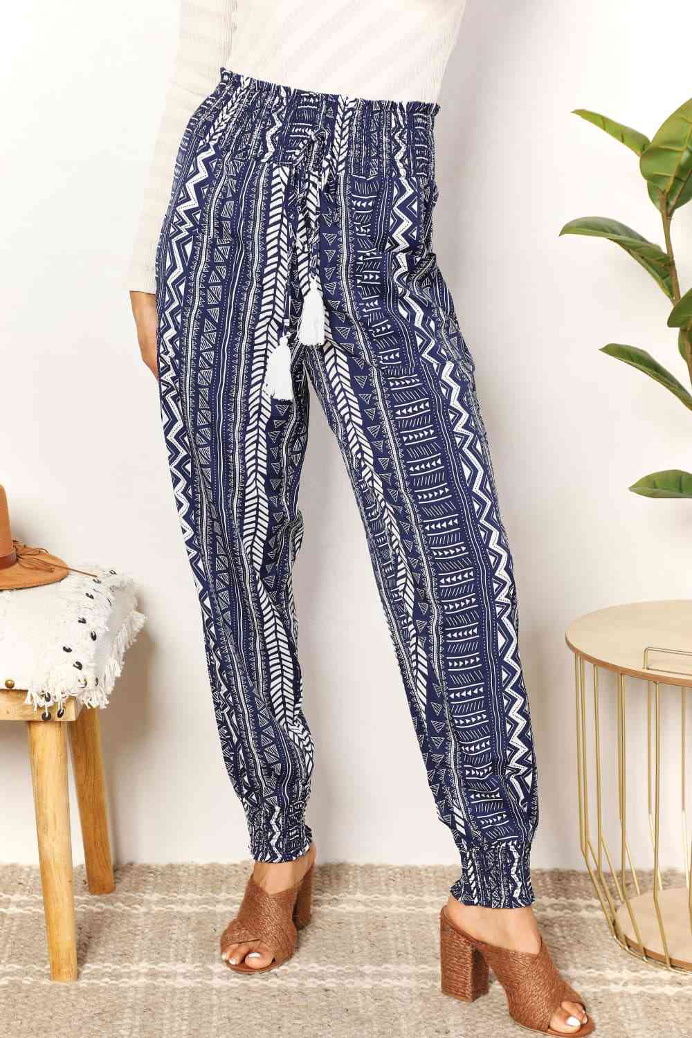 Double Take Geometric Print Tassel High-Rise Pants - AngelMar Fashion