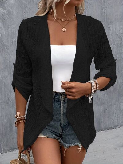 Eyelet Roll-Tab Sleeve Cardigan - AngelMar Fashion