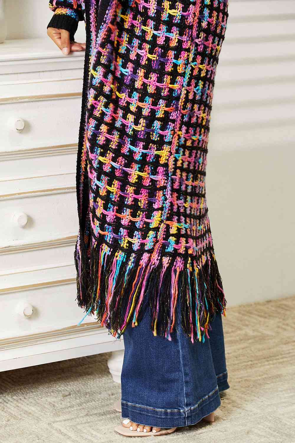 Double Take Full Size Multicolored Open Front Fringe Hem Cardigan - AngelMar Fashion