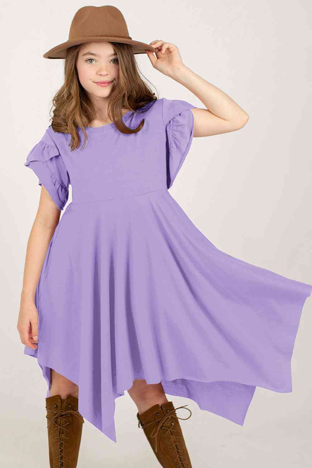 Round Neck Petal Sleeve Dress - AngelMar Fashion