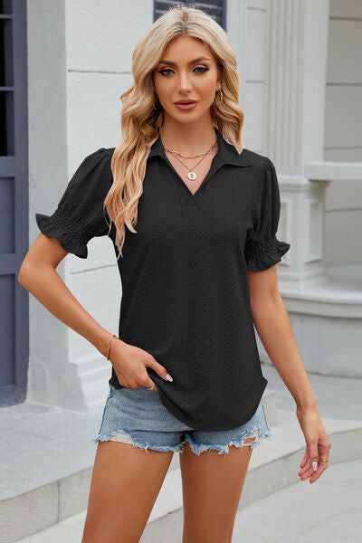 Eyelet Johnny Collar Short Sleeve Blouse - AngelMar Fashion