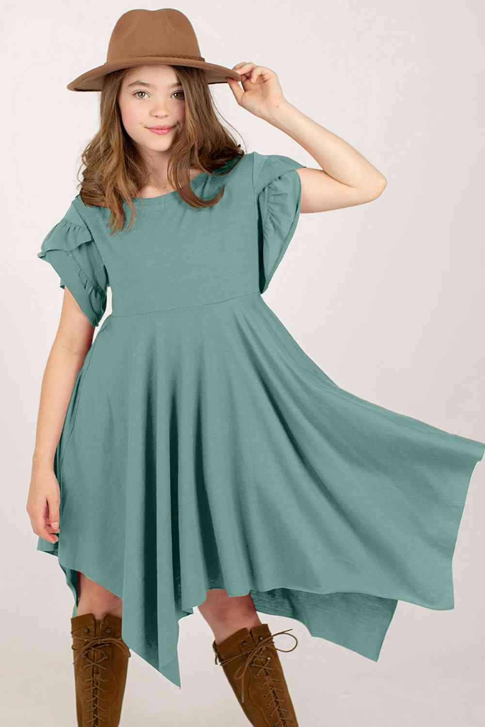 Round Neck Petal Sleeve Dress - AngelMar Fashion