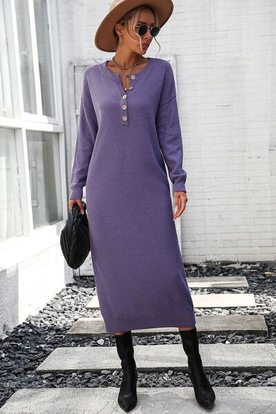 Decorative Button Notched Dropped Shoulder Sweater Dress - AngelMar Fashion