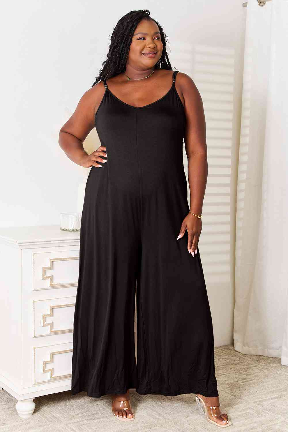 Double Take Full Size Soft Rayon Spaghetti Strap Tied Wide Leg Jumpsuit - AngelMar Fashion