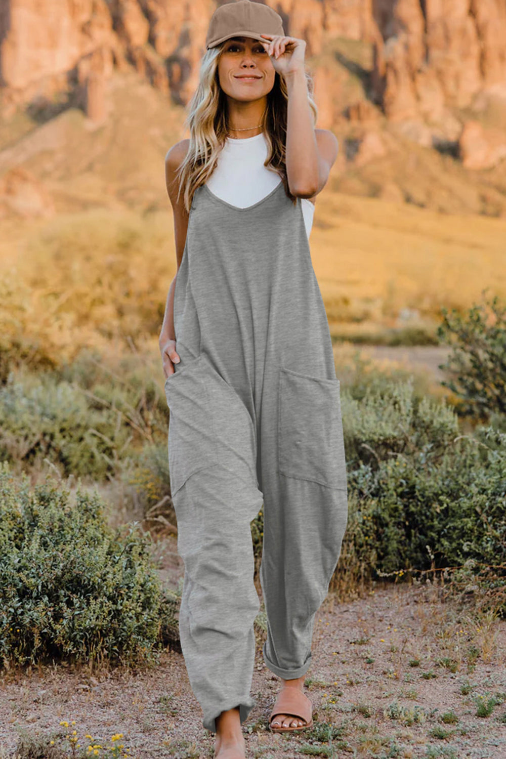 Double Take Full Size V-Neck Sleeveless Jumpsuit with Pockets - AngelMar Fashion