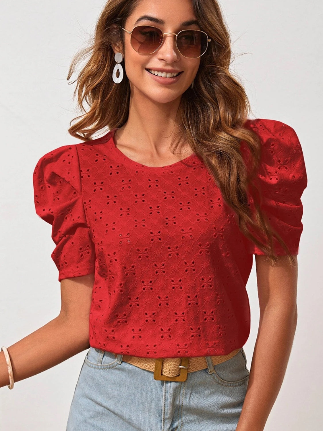 Eyelet Round Neck Puff Sleeve Blouse - AngelMar Fashion