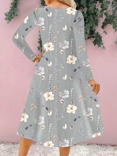 Floral Notched Long Sleeve Midi Dress - AngelMar Fashion